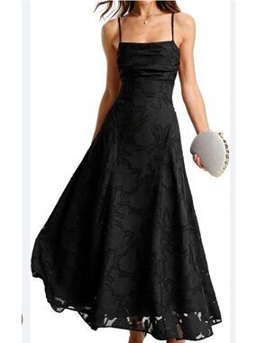 HY Black Jacquard Texture Slip Halter Maxi Dress Size 10
